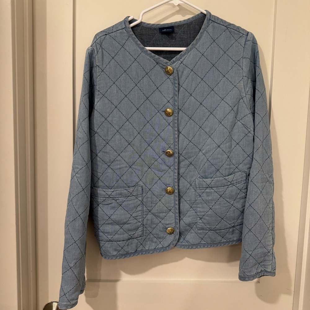 J.Jill Denim Quilted Diamond Stitch Jacket Blue Gold Button WJT300431 Womens M